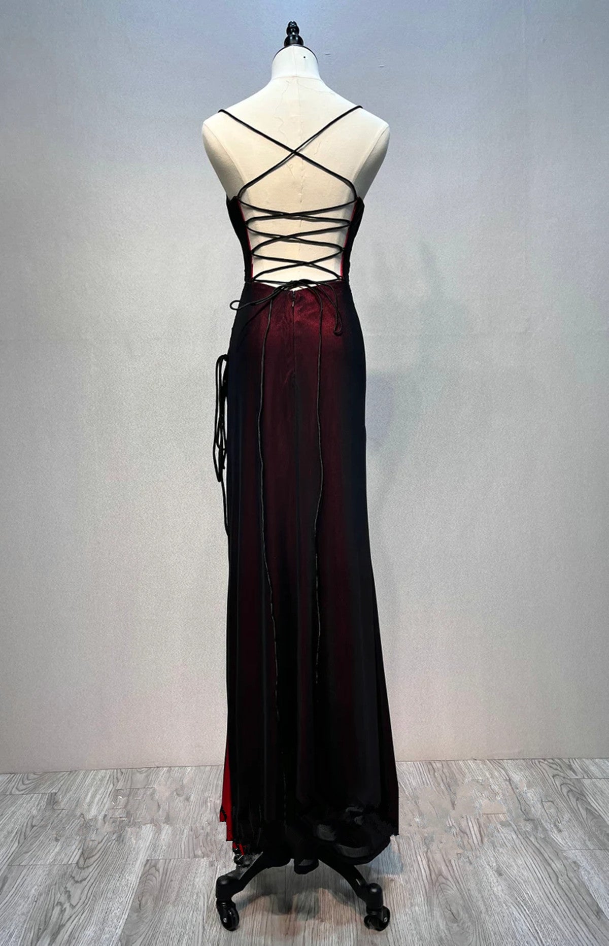 Black and Red Straps Long Evening Dreess, Black and Red Formal Dress P