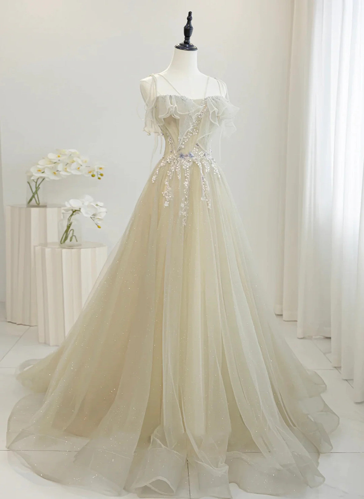 A-line Tulle Straps Beaed Lace Long Formal Dress, Tulle Evening Dress Prom Dress