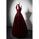 Beautiful Wine Red Velvet Long Evening Dress, Beaded Wine Red Party Dress Formal Dress