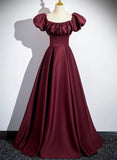 Wine Red Satin A-line Simple Off Shoulder Prom Dress, Wine Red Evening Dress