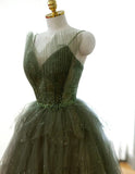 Green Tulle Beaded Straps Long Evening Dress, Green Tulle Prom Dress Party Dress