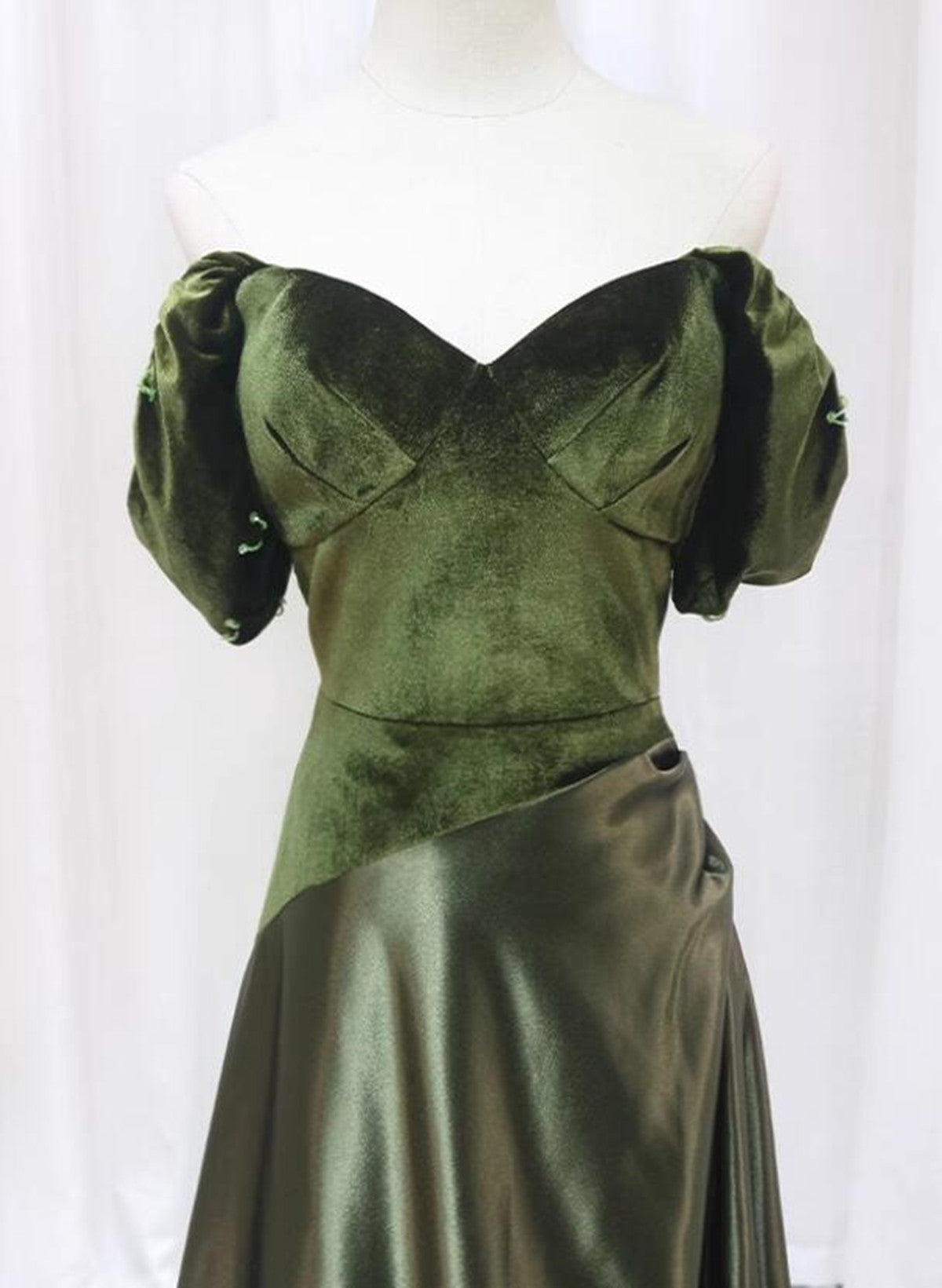 Green Velvet and Satin Off Shoulder Long Party Dress, Green Evening Dress Prom Dress