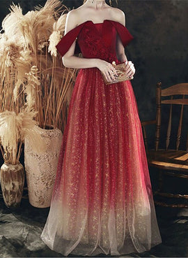 Red Off Shoulder Sweetheart Tulle Long Formal Dress, Red A-line Tulle Prom Dress