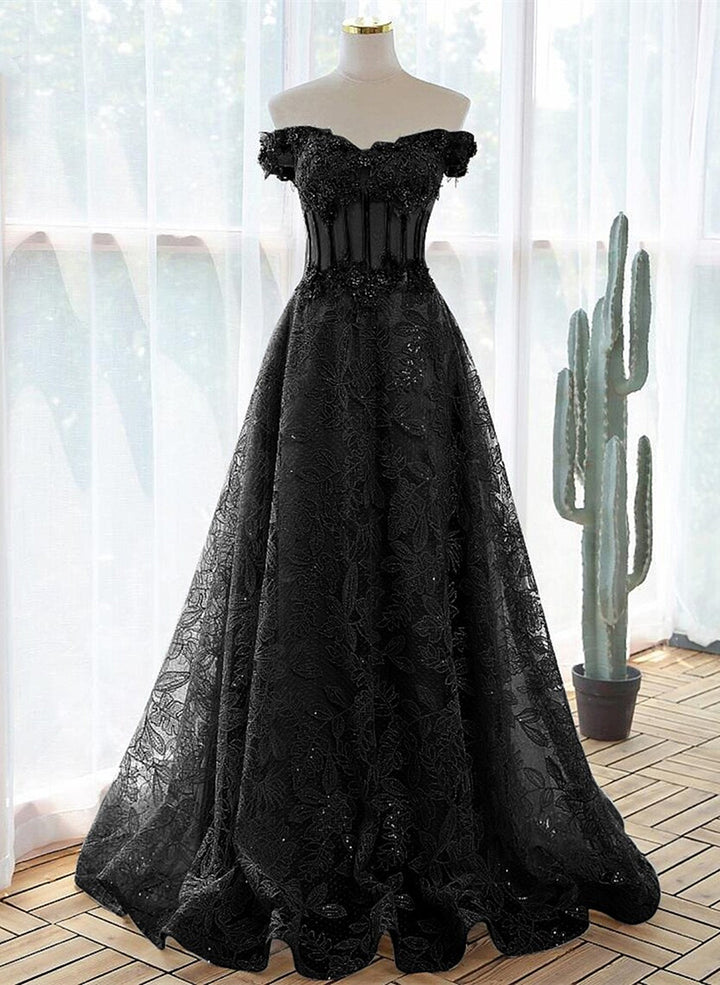 Black tulle long A line prom dress evening dress main image 1