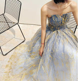 Blue Tulle Gradient A-Line Long Formal Dress, Blue A Line Prom Dress