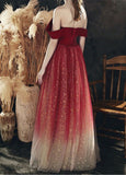 Red Off Shoulder Sweetheart Tulle Long Formal Dress, Red A-line Tulle Prom Dress