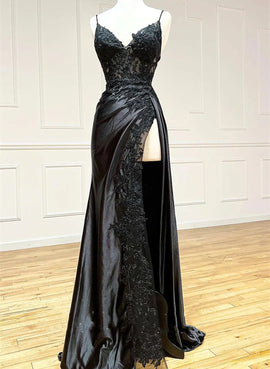 Black Long Satin with Lace Straps Long Party Dress, Black Evening Dress