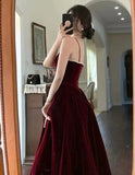 Wine Red Velvet Straps Long Evening Dress, Wine Red Velvet Prom Dress