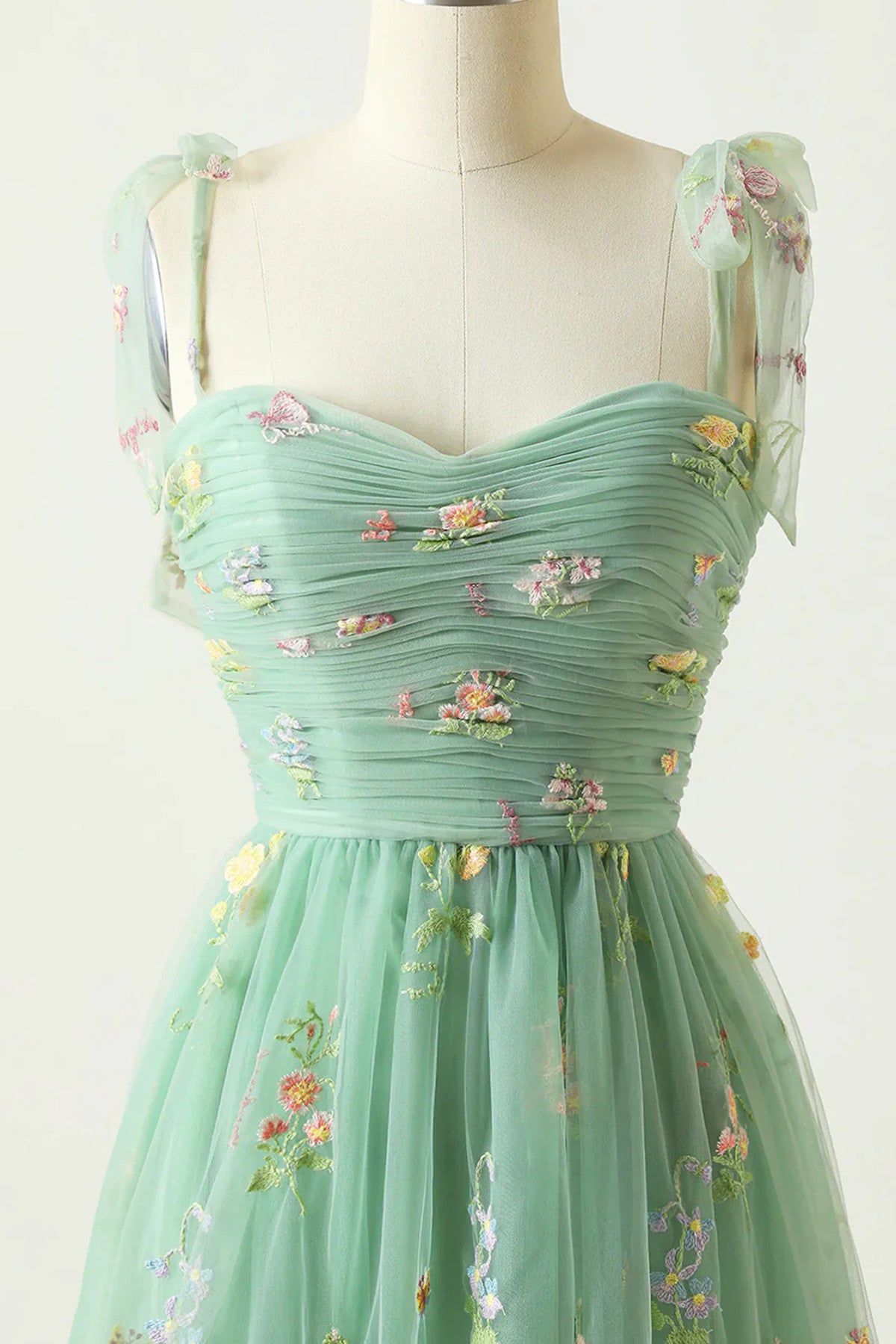 Pretty Green Floral Tulle Straps Long Party Dress, Green Long Prom Dress