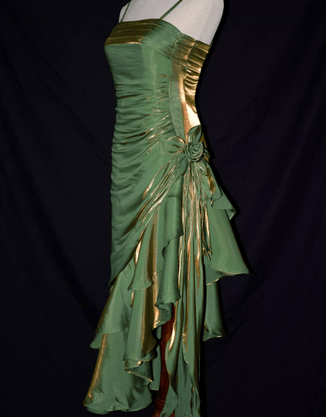 Green Satin Vintage Style High Low Party Dress, Mermaid Spaghetti Strap Dress Formal Dress