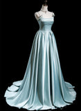 Blue Satin A-line Beaded Long Party Dress Prom Dress, Blue Evening Dress