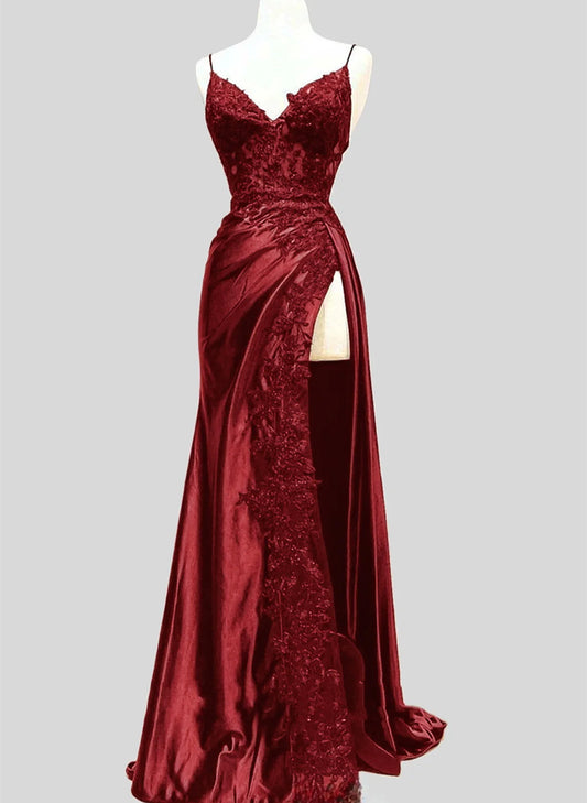 Wine Red Satin with Lace Formal Dress, Wine Red Evening Dress Prom Dress