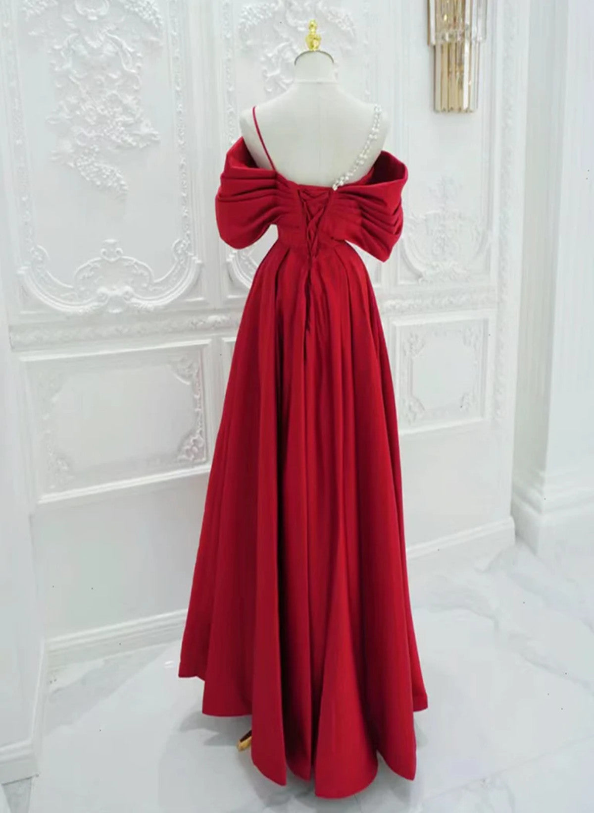 Red Satin A-line Straps Long Evening Dress, Red Long Party Dress