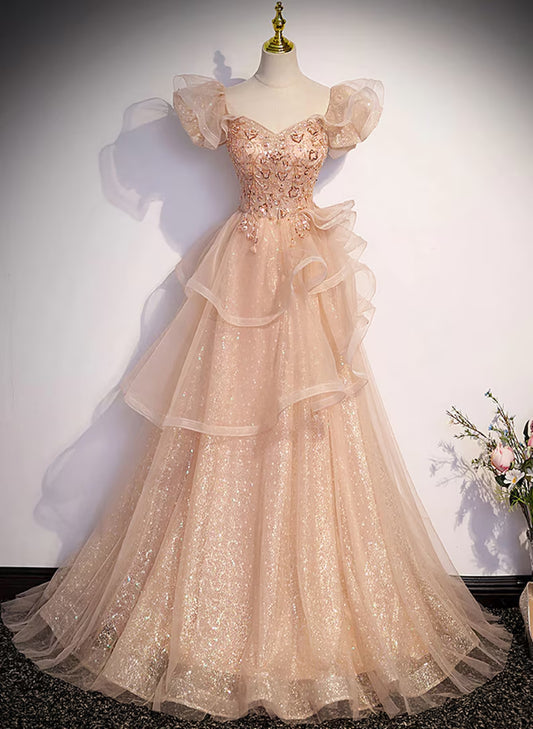 Champagne A-Line Tulle BeadedLong Prom Dress, Champagne Formal Dress