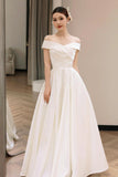 White Off Shoulder Simple Satin Wedding Party Dress, White Long Prom Dress