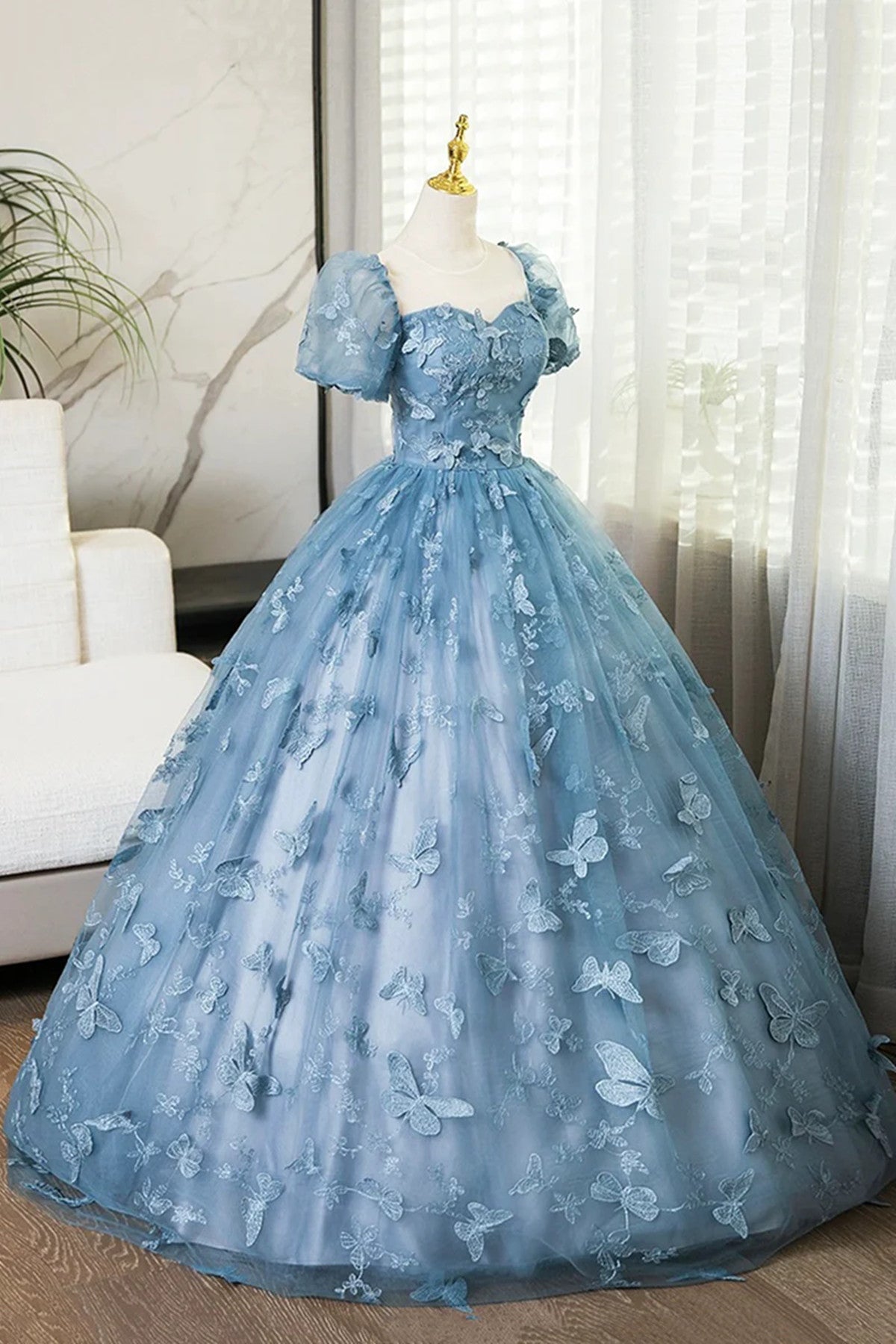 Blue Short Sleeves Long Party Dress with Butterfly Lace, Blue Prom Dress