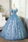 Lovely Blue Short Sleeves Long Party Dress With Butterfly Lace, Blue Prom Dress