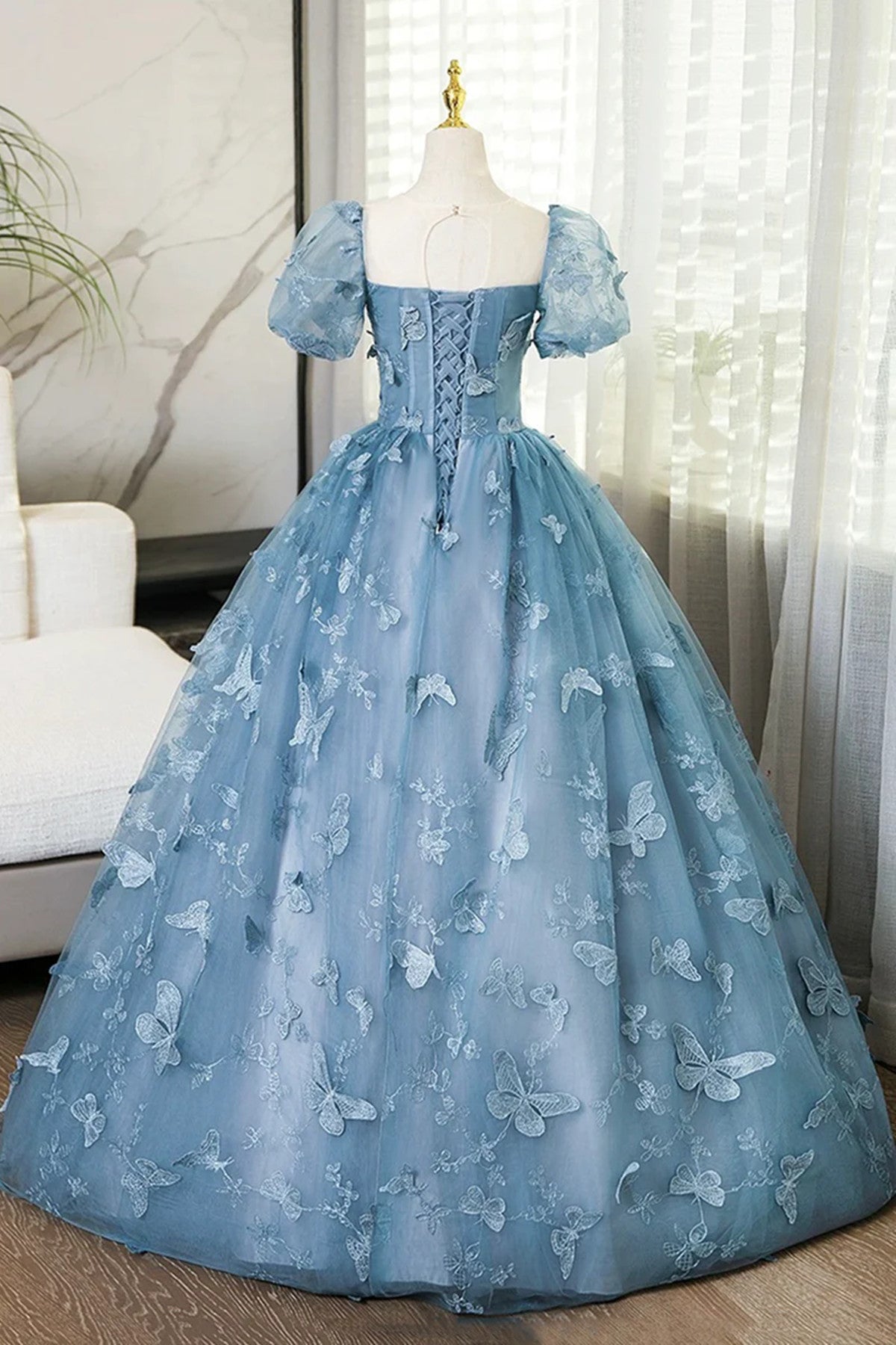 Blue Short Sleeves Long Party Dress with Butterfly Lace, Blue Prom Dress