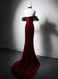 Wine Red Mermaid Velvet Beaded Long Formal Dress, Wine Red Prom Dress