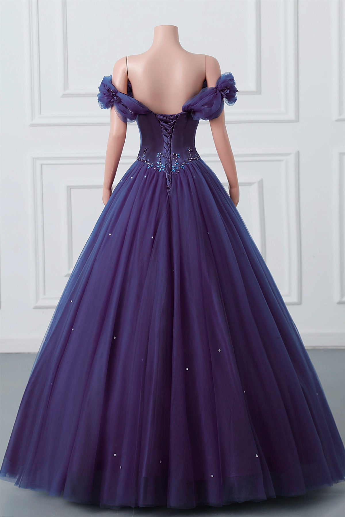 Purple Off-The-Shoulder Sweetheart Party Dress, Beaded Flowers Ball Gown Tulle Prom Dresses