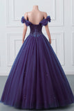 Purple Off-The-Shoulder Sweetheart Party Dress, Beaded Flowers Ball Gown Tulle Prom Dresses