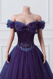 Purple Off-The-Shoulder Sweetheart Party Dress, Beaded Flowers Ball Gown Tulle Prom Dresses