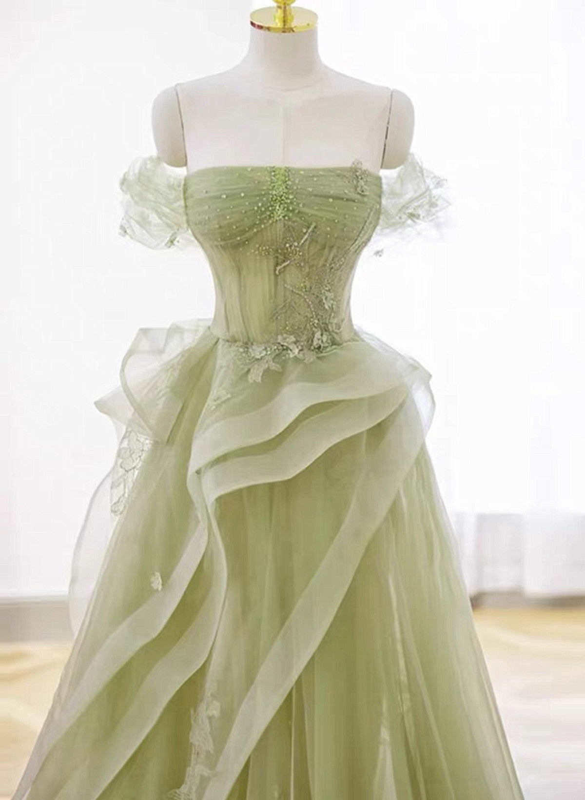 Green Off Shoulder Tulle with Lace A-line Prom Dress, Green Long Party Dress