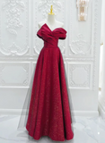 Chic Satin Long Party Dress Prom Dress, A-line Red Off Shoulder Evening Dress