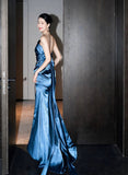 Blue Soft Satin Long Prom Dress with Leg Slit, Blue Evening Dress Formal Dress