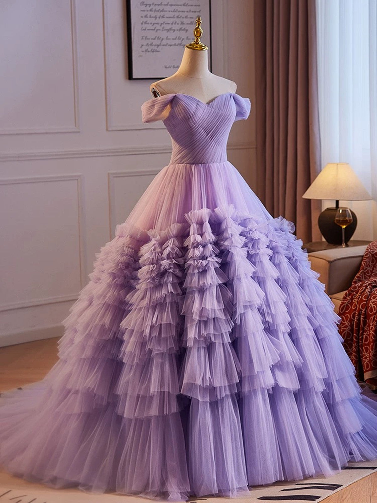 Purple Off Shoulder Sweetheart Tulle Sweet 16 Dress, Purple Tulle Long Prom Dress