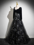 Black Long Sleeves Velet and Tulle Party Dress, Black Sweetheart Prom Dress