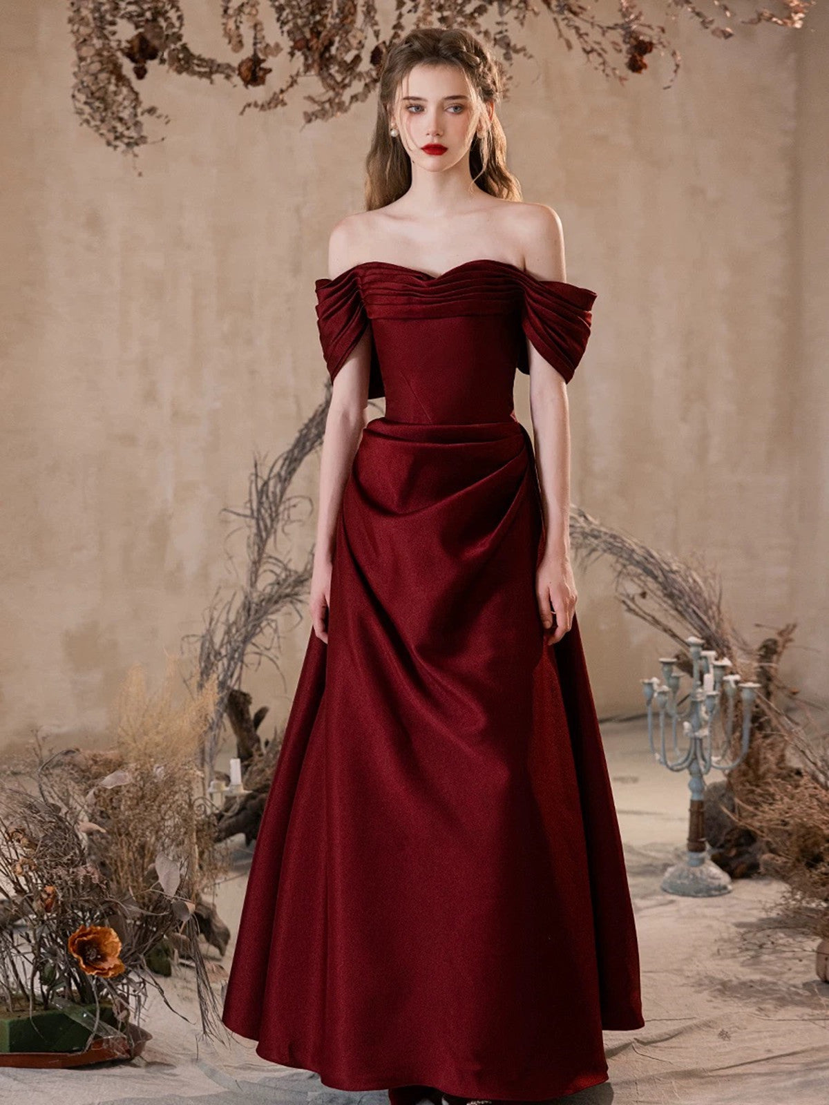 Wine Red Off Shoulder Satin A-line Long Prom Dress, Wine Red Party Dress