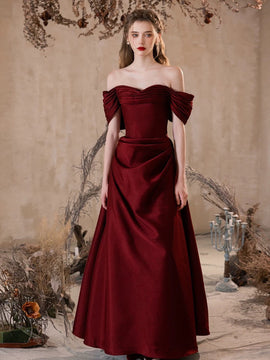 Wine Red Off Shoulder Satin A-line Long Prom Dress, Wine Red Party Dress