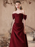 Wine Red Off Shoulder Satin A-line Long Prom Dress, Wine Red Party Dress