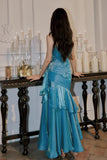 Blue Mermaid Long Sweetheart Floor Length Party Dress, Blue Satin Prom Dress