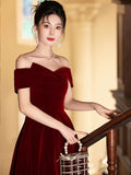 Lovely Wine Red Velvet A-line Off Shoulder Party Dress, Wine Red Velvet Prom Dress