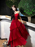 Red Chiffon Sweetheart Sheath Spaghetti Straps Party Dress, Red Layers Prom Dress