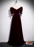 Wine Red Velvet A-line Simple Party Dress, Wine Red Velvet Long Prom Dress