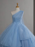 Light Blue Tulle One Shoulder Ball Gown Formal Dress, Light Blue Party Dress