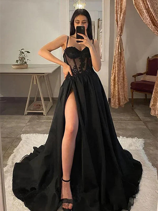 Black Tulle with Lace Straps Long Prom Dress with Leg Slit, Black Tulle Party Dress