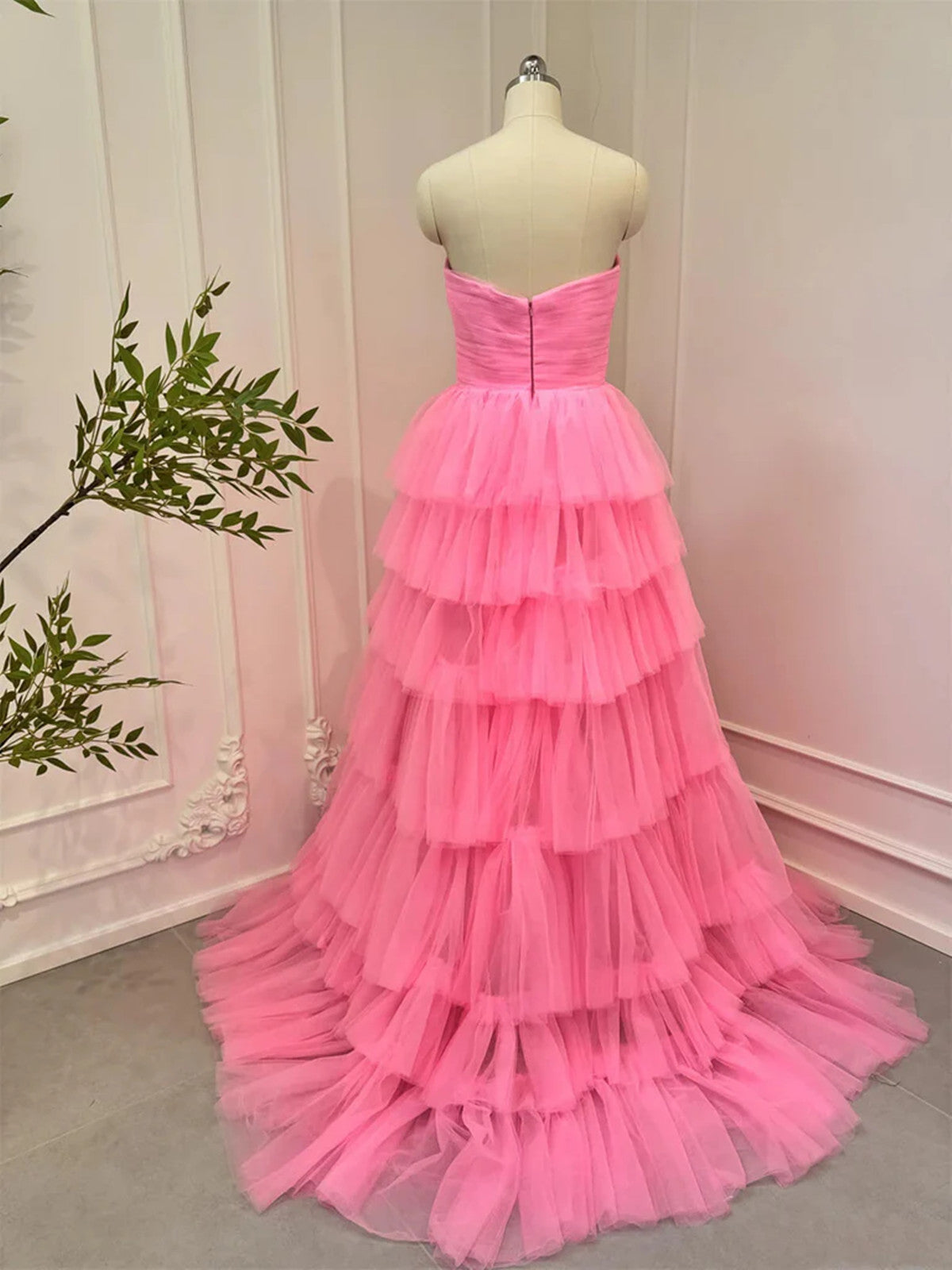 Pink Tulle  Layers Long Prom Dress, Strapless Pink Tulle Evening Dress Formal Dress