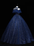 Navy Blue High Neckline Ball Gown Tulle Party Dress, Shiny Tulle with Lace Prom Dress