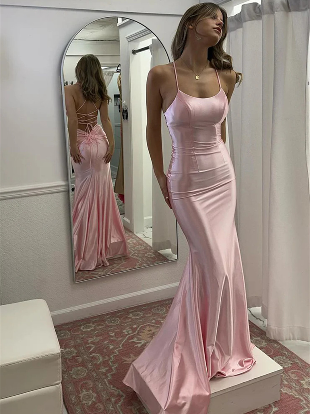 Pink Mermaid Scoop Neck Pink Satin Long Prom Dress, Pink Satin Party Dress Formal Dress