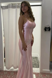 Pink Mermaid Scoop Neck Pink Satin Long Prom Dress, Pink Satin Party Dress Formal Dress