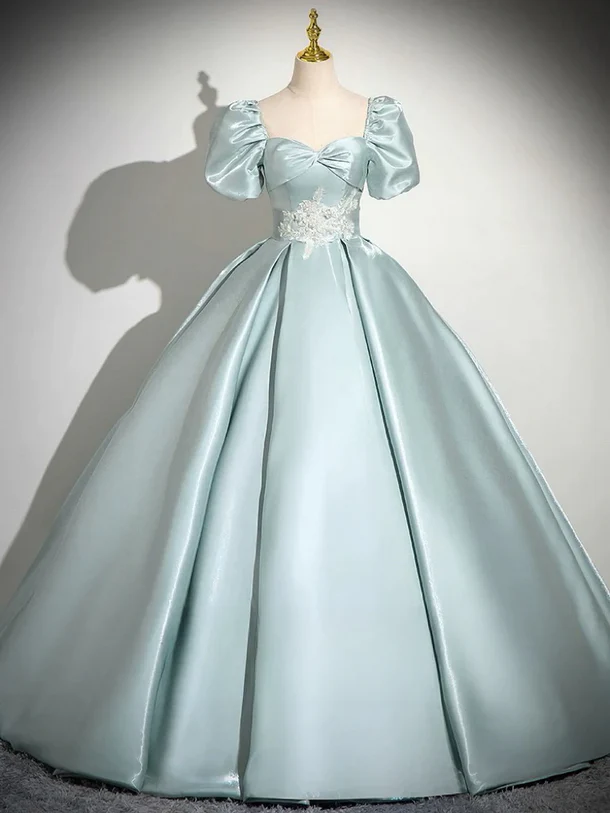 Beautiful Satin Short Sleeves Party Dress, A-line Green Satin Prom Dress with Lace Applique