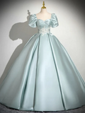 Beautiful Satin Short Sleeves Party Dress, A-line Green Satin Prom Dress with Lace Applique