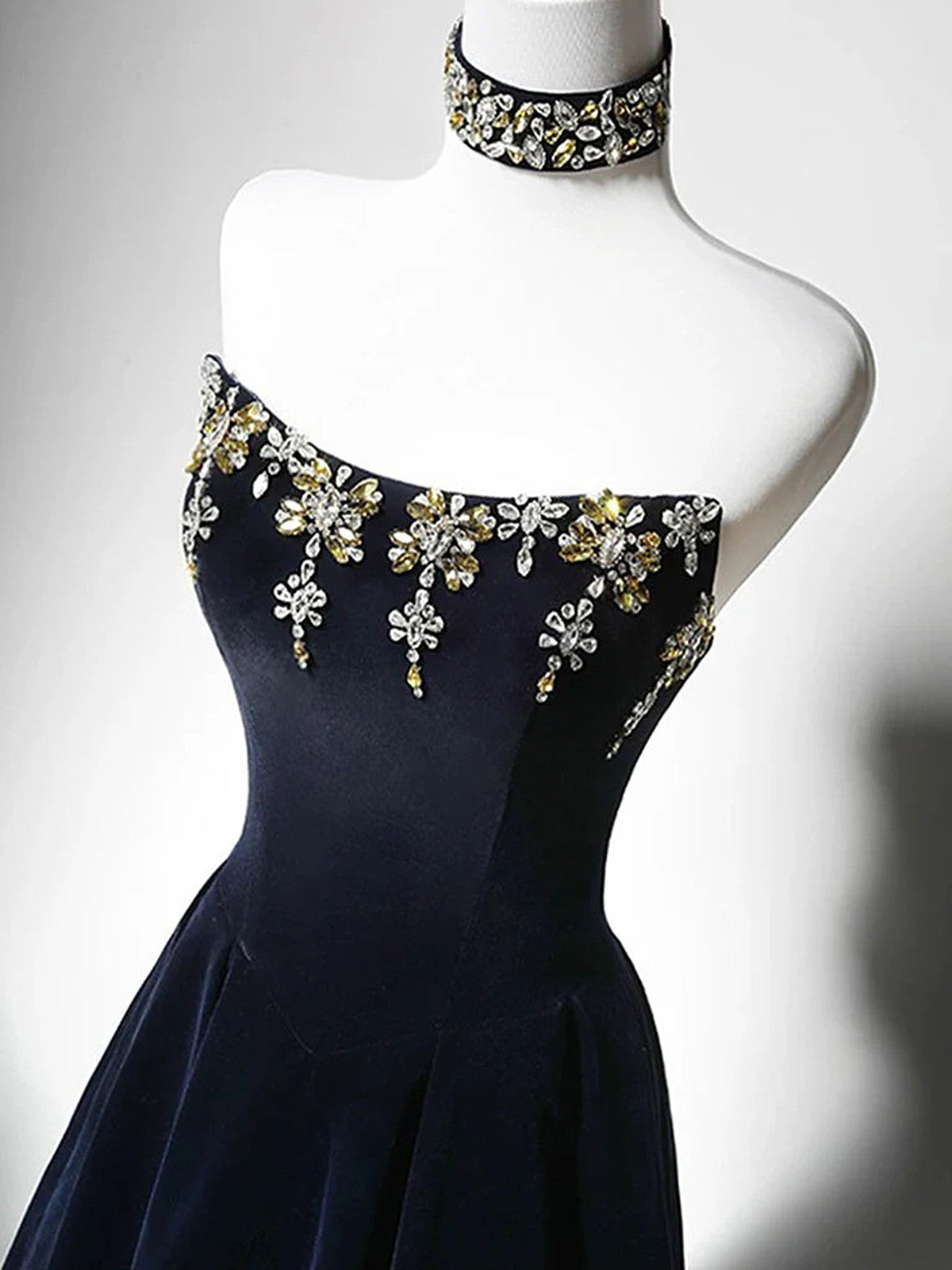 Navy Blue Velvet Beaded Floor Length Party Dress, Navy Blue Velvet Long Prom Dress