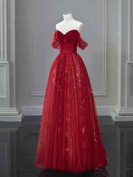 Red Sweetheart Tulle Off Shoulder Party Dress, Red A-line Tulle Long Prom Dress