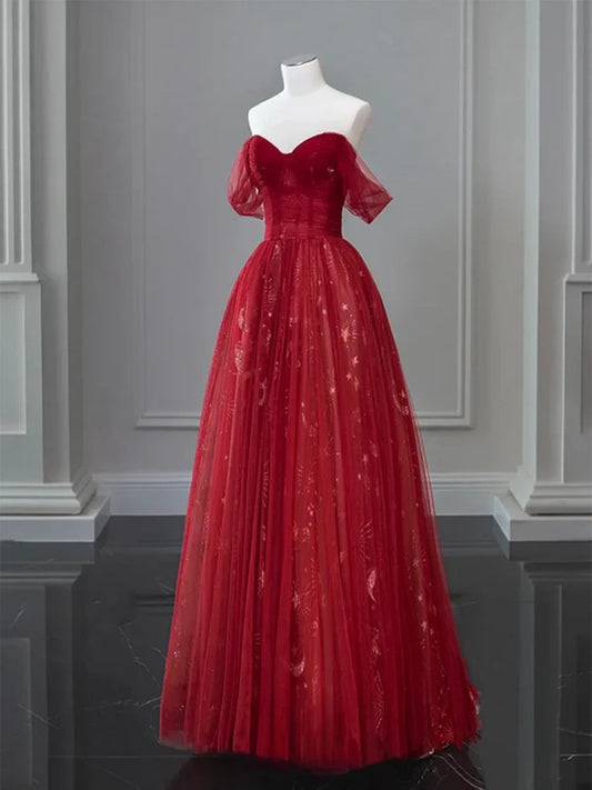 Red Sweetheart Tulle Off Shoulder Party Dress, Red A-line Tulle Long Prom Dress