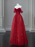 Red Sweetheart Tulle Off Shoulder Party Dress, Red A-line Tulle Long Prom Dress